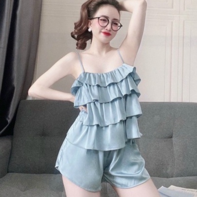 Đồ Bộ Nữ Lụa Satin Cao Cấp Phối Bèo 4 Tầng 2 dây Cực Sexy Và Thoáng Mát Mặc Nhà Mặc Đi Ngủ
