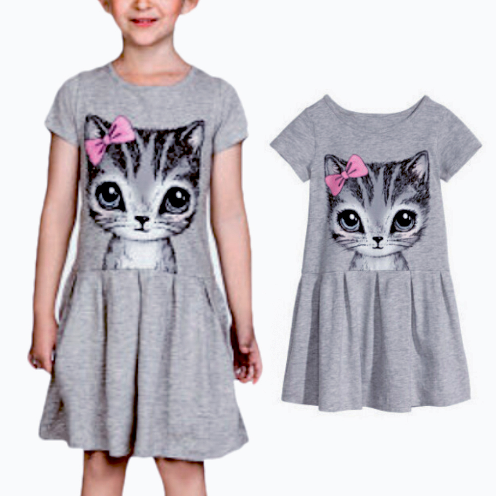Hàng Có Sẵn Đầm Công Chúa Tay Ngắn In Hình Mèo Hoạt Hình Mùa Hè Cho Bé Gái
