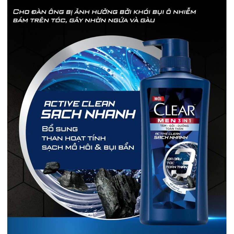 Dầu tắm gội Clear Men 3 trong 1 Chai 630G