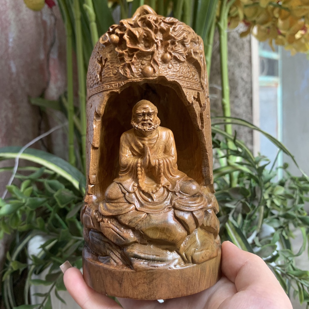 Tượng Đạt Ma Ngồi Chuông Xông Trầm - Tượng Gỗ Chạm Khắc Cao Cấp Để Bàn Làm Việc