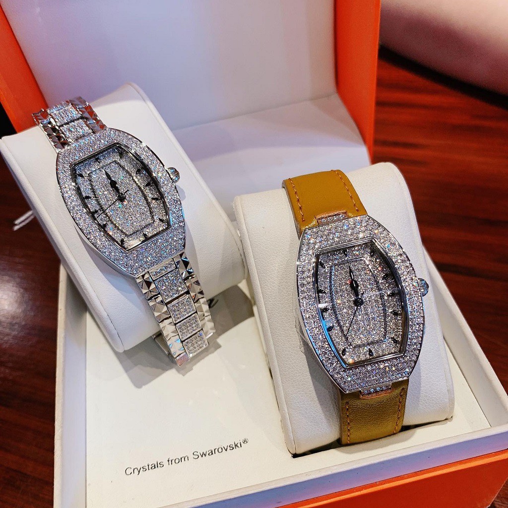 Set Đồng Hồ Davena Nữ Mặt Oval Full Đá Silver Chính Hãng 34mm