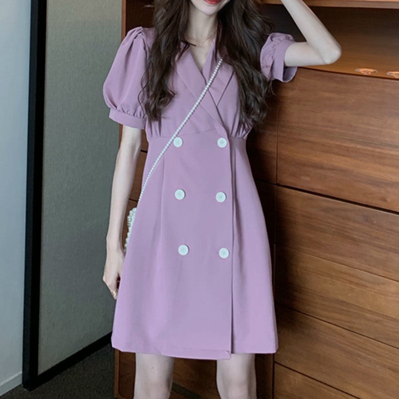 AMOI Đầm Ngắn Tay Cổ Chữ V Phong Cách Retro Thời Trang 2022