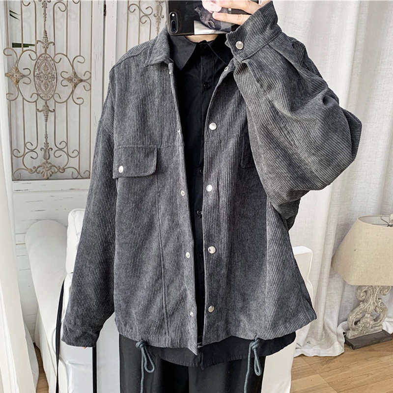 Áo Khoác Tay Dài Dáng Rộng Cài Khuy Vải Nhung Kẻ Màu Trơn Đơn Giản Thời Trang Hàn Quốc Cho Nam