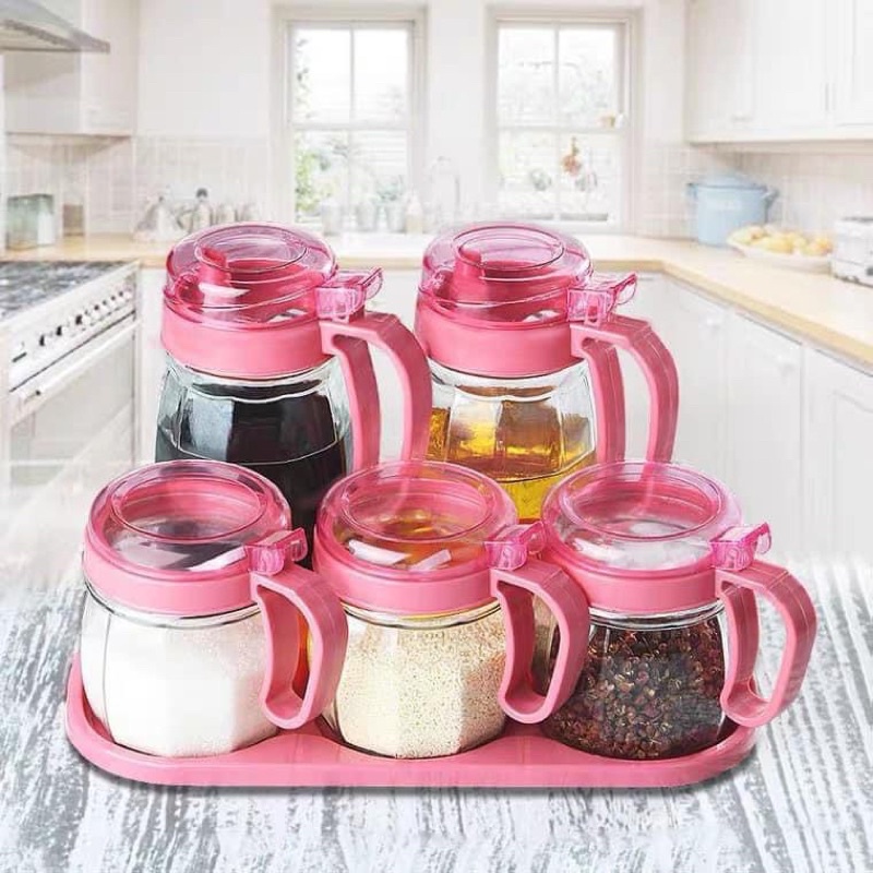 Set hộp 5 Hũ gia vị thủy tinh quai hồng đựng muối hạt tiêu dầu ăn