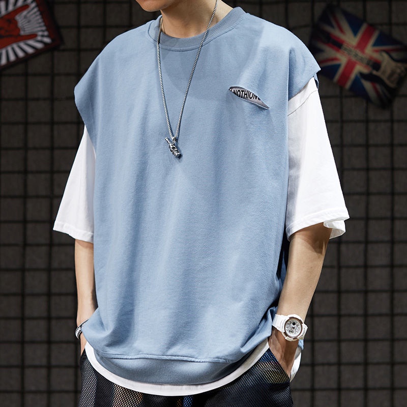 Áo Thun Giả Hai Lớp Tay Ngắn Dáng Rộng Thời Trang Phong Cách Hàn Quốc Cho Cặp Đôi