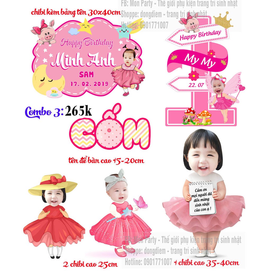 Combo hình chibi sinh nhật bảng tên welcome sinh nhật, hình chibi trang trí sinh nhật thiết kế riêng theo mỗi bé