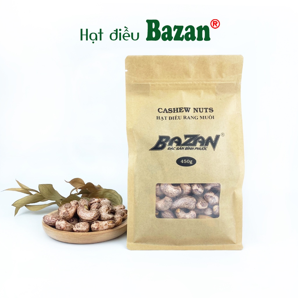 Hạt điều rang muối Bazan Bình Phước nguyên hạt dinh dưỡng A+ loại 1 túi Zip 450g còn vỏ lụa | BigBuy360 - bigbuy360.vn