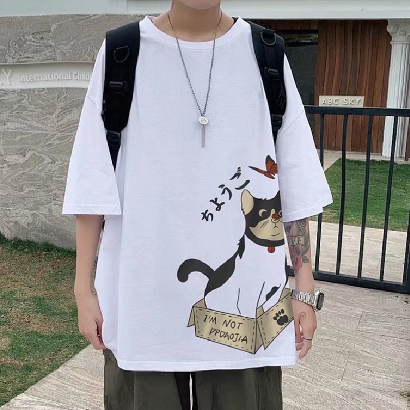 Áo Thun Nam Tay Ngắn Dáng Rộng In Hình Mèo Hoạt Hình Phong Cách Hip Hop Thời Trang Mùa Hè Mới size M-8XL
