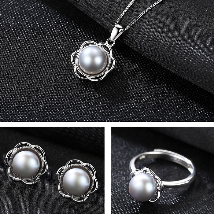 Bộ trang sức ngọc trai 3 món màu đen huyền bí khảm bạc s925 hình bông hoa 5 cánh - Set 8 Bảo ngọc Jewelry