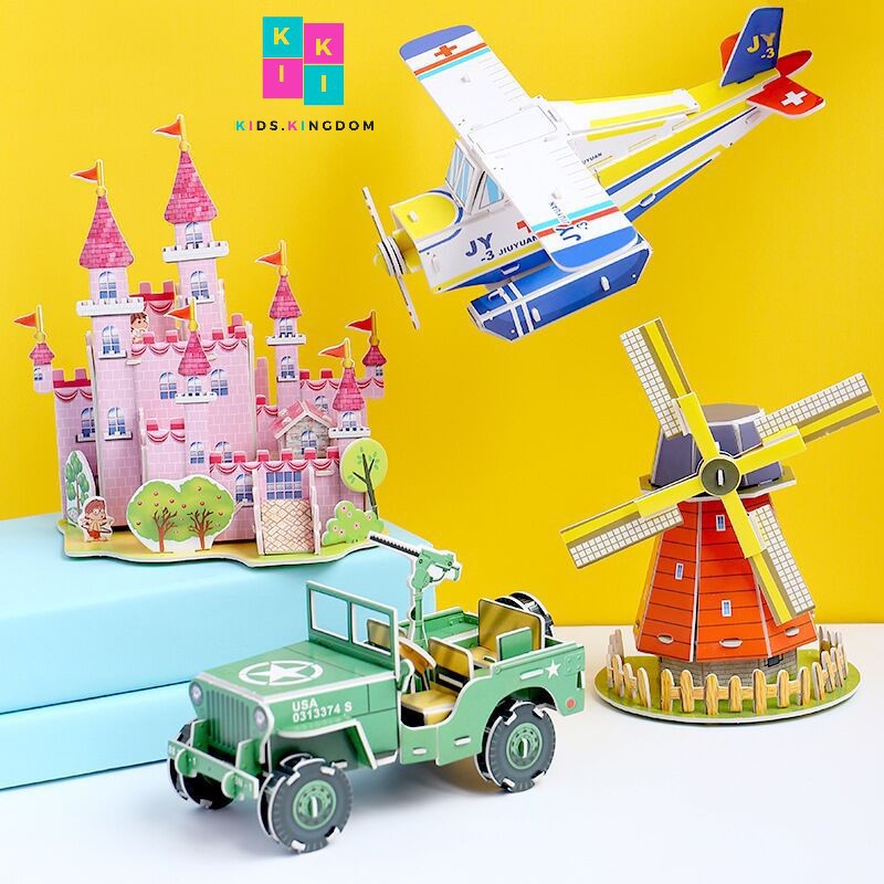 Đồ Chơi Mô Hình Giấy 3D Lắp Ghép Cho Bé Trai Bé Gái - Tranh Ghép Giấy 3D Máy Bay Cối Xay Gió Tàu Thủy