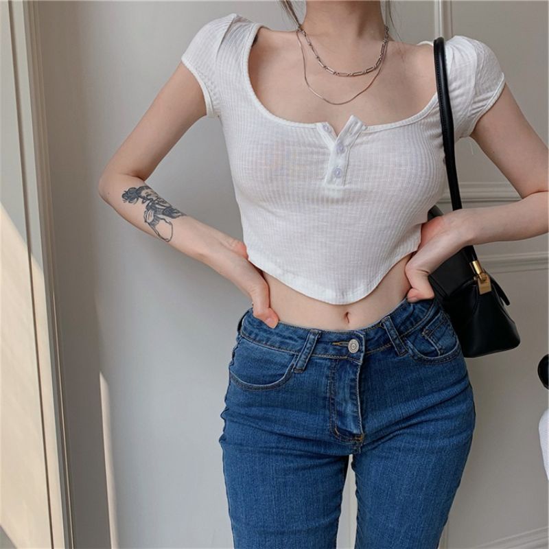 Áo croptop LORI nữ vạt bầu cúc cài - NHA