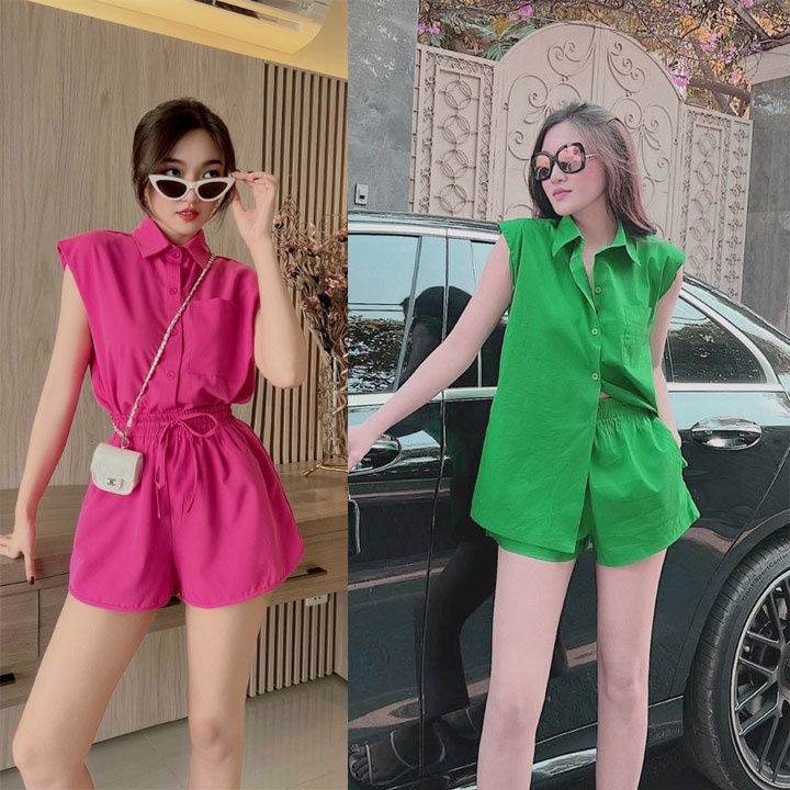 Sét bộ sơmi không tay cá tính, Chất đũi mềm đẹp. Bảng màu rực rỡ, Áo dáng rộng dài Quần dáng váy - Yubishop YBLMSET411