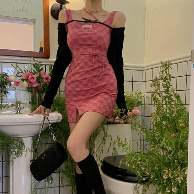 Váy Hai Dây Kẻ Ca Rô Váy Ôm Eo Khăn Choàng Thắt Nơ