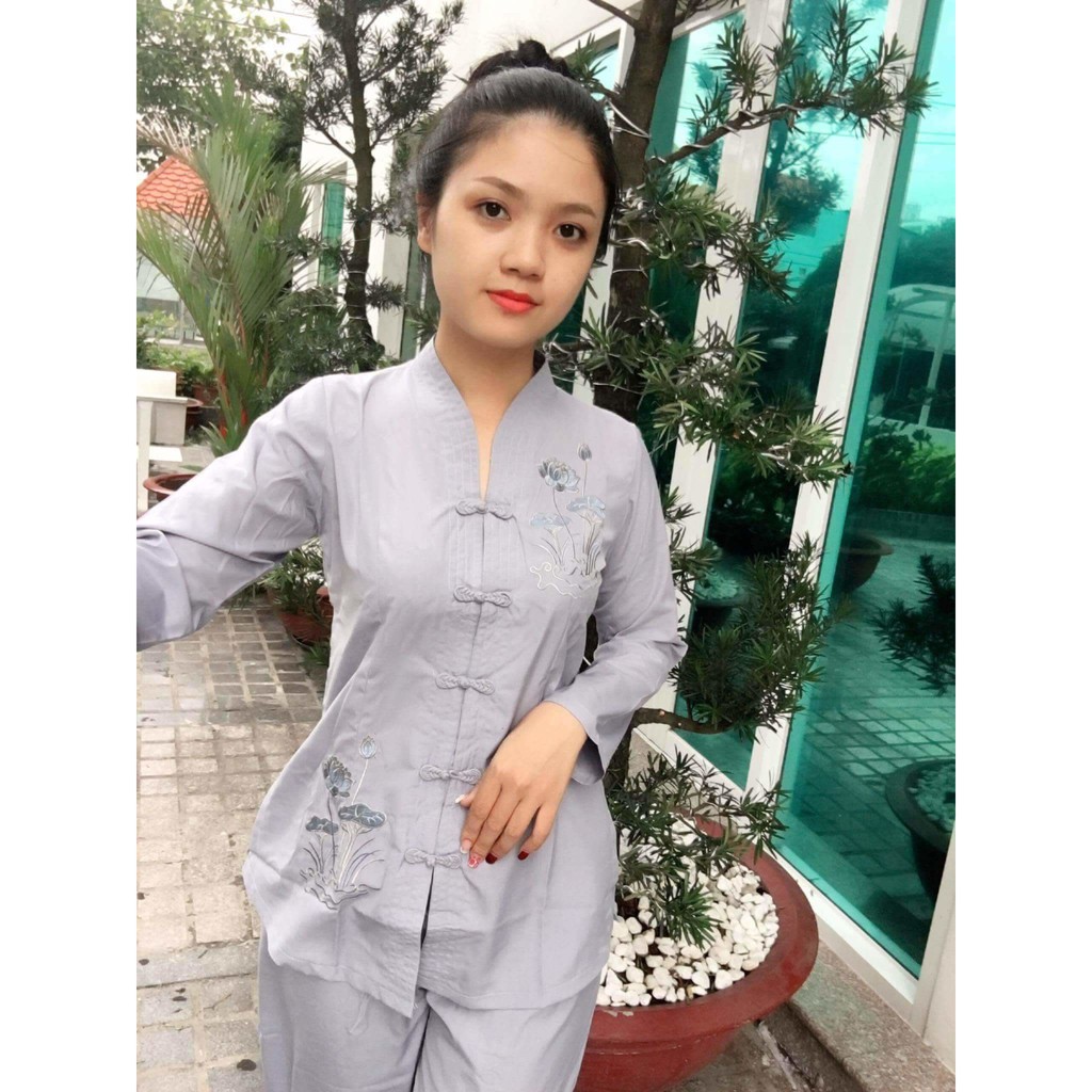 Bộ phật tử Cổ tàu thêu sen - Đồ lam đi chùa Bà Lai vải Cotton mịn giá rẻ - YuZin Store | BigBuy360 - bigbuy360.vn