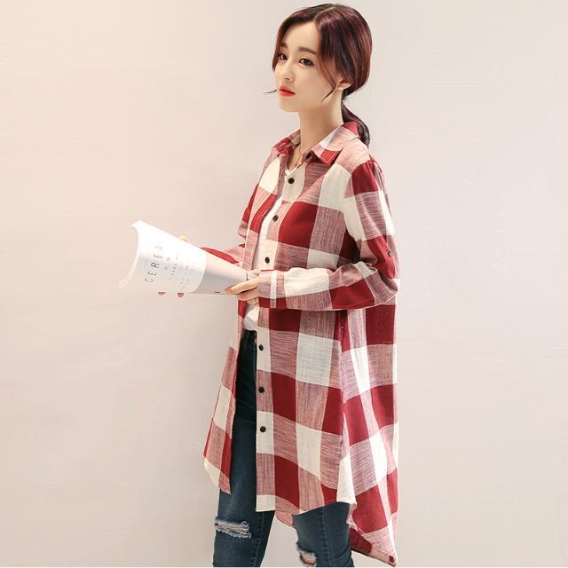 Áo Sơ Mi Cotton Lanh Tay Dài Dáng Rộng Kẻ Sọc Caro Trắng Đen Cổ Điển Thời Trang Cho Nữ