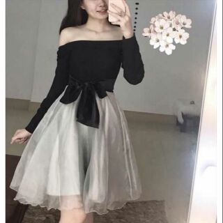 Đầm xòe trễ vai nơ eo