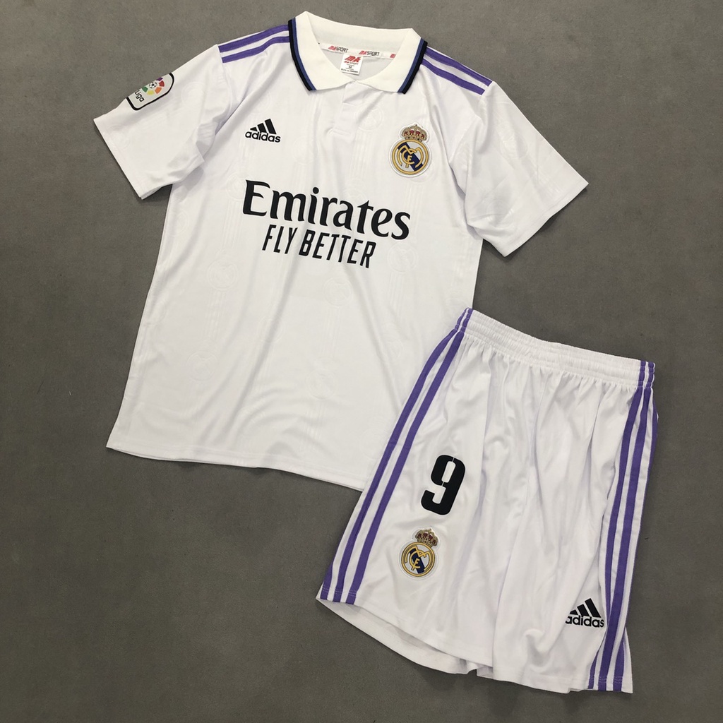 Bộ quần áo đá banh in tên Benzema Real trắng 2023 có cổ