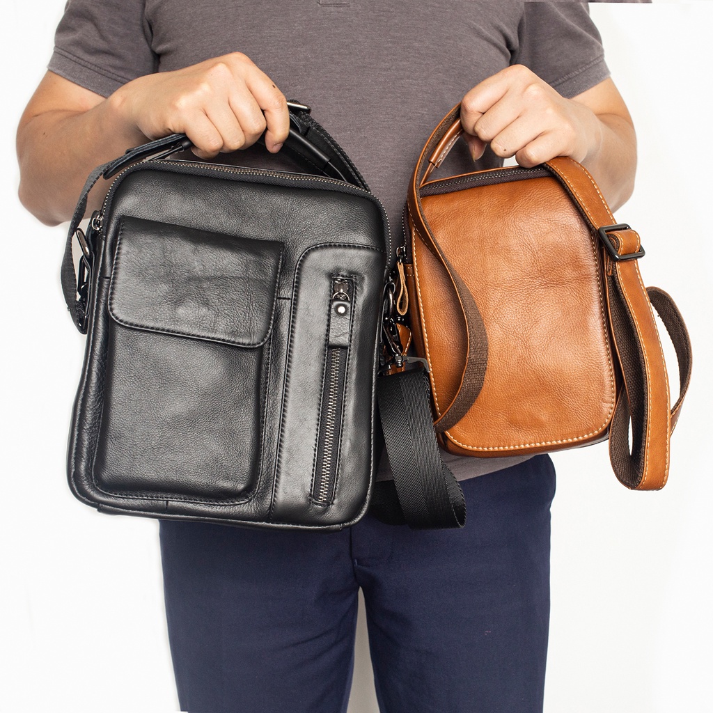 Túi đeo chéo nam mini Bụi Leather - DC104 da bò thật đựng vừa ipad mini, các vật dụng cá nhân phong cách unisex, BH 12 t