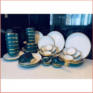 Bộ Bát Cẩm Thạch Vân Đá Xanh Viền Vàng Cao Cấp 32 Chi Tiết - Tặng Kèm 1 Bộ Đũa Hàn Quốc Hàng Loại 1