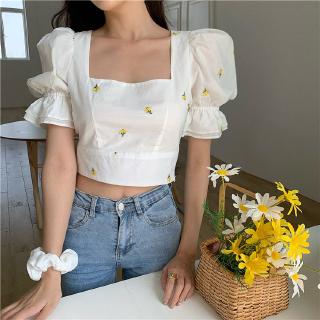 Hàng Có Sẵn Miễn Phí Giao Hàng [Áo Kiểu Cổ Vuông Tay Phồng Thắt Nơ Lưng Cao Thời Trang Hàn Quốc Dành Cho Bạn Gái Dễ Phối Đồ