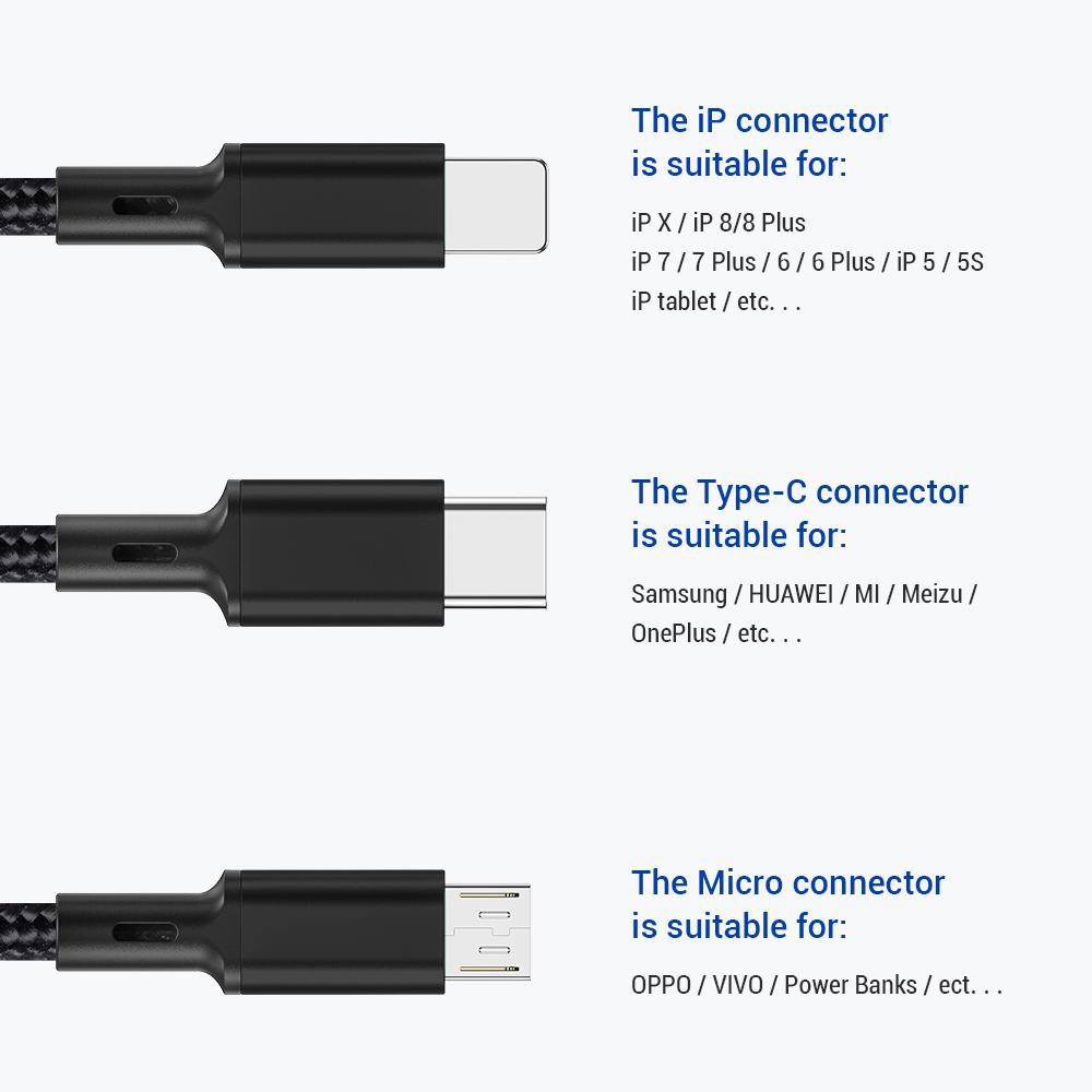 Dây cáp sạc TOPK AN20 nhiều cổng sạc USB, Micro USB, Type C, Lightning 3 trong 1 dài 1.2M