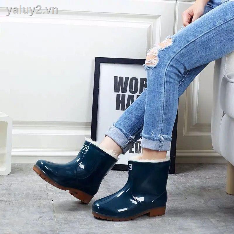Ủng cao su đi mưa cổ ngắn lót vải nhung cotton chống trượt không thấm nước giữ ấm mùa thu đông cho nam và nữ
