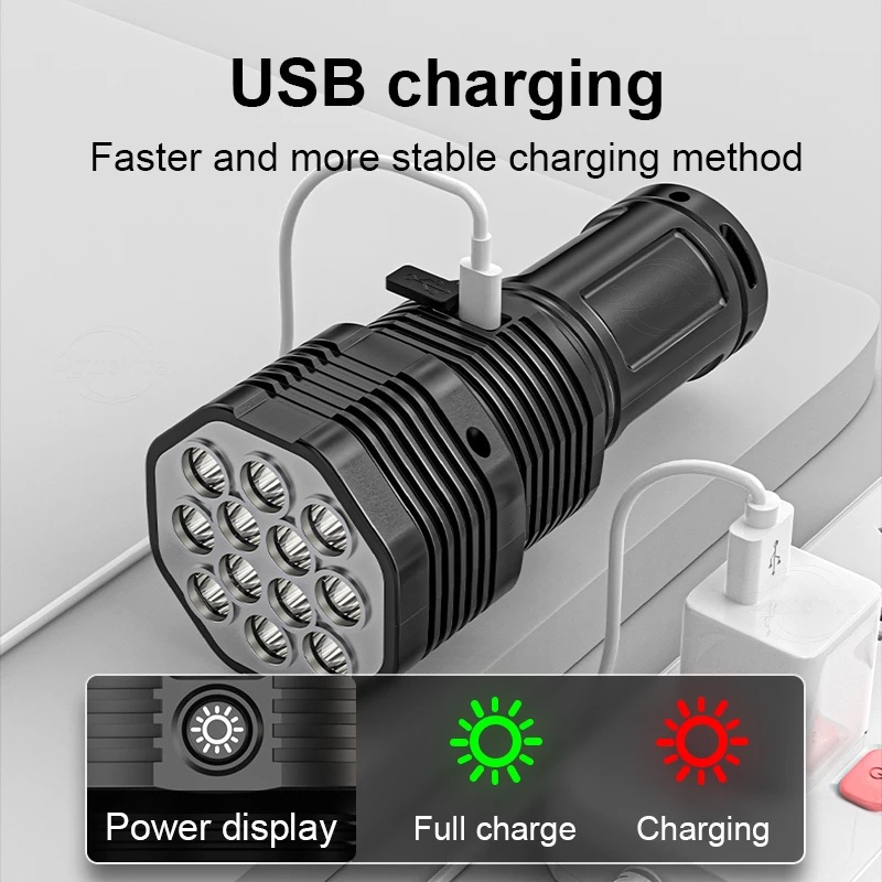 Đèn Pin 12 Bóng LED Công Suất Cao / Có Thể Sạc Lại Bằng Cổng USB Chống Thấm Nước