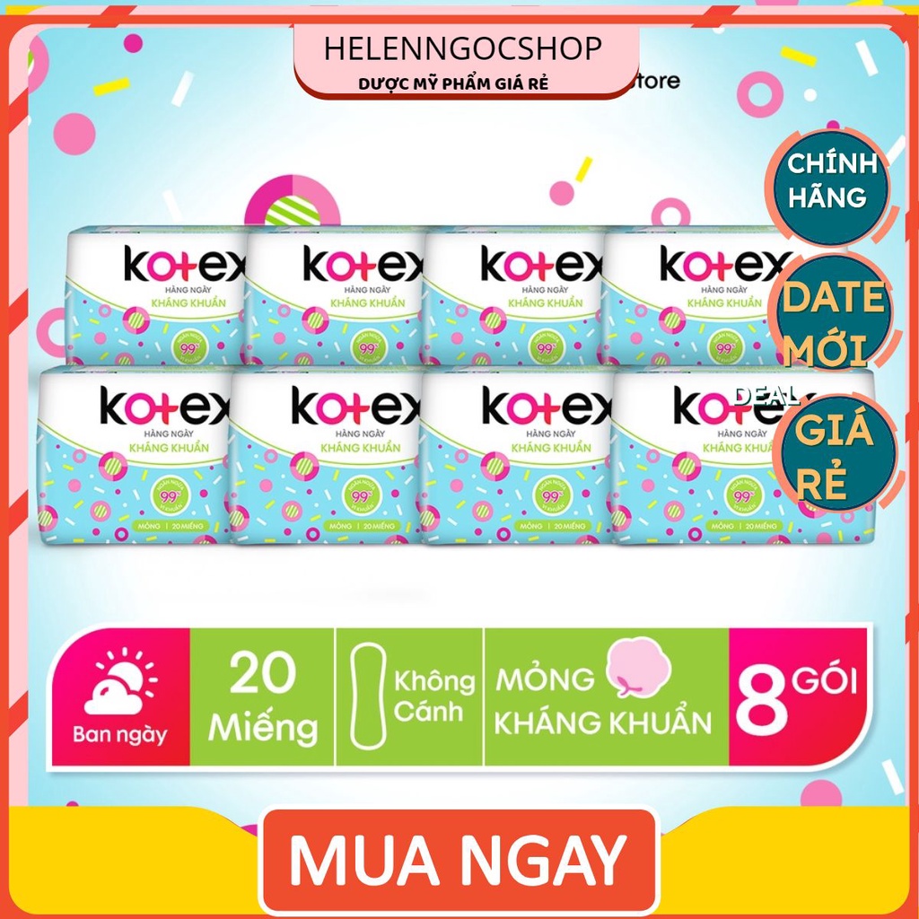 Combo 8 băng vệ sinh Kotex Hằng ngày Kháng khuẩn 20miếng/gói