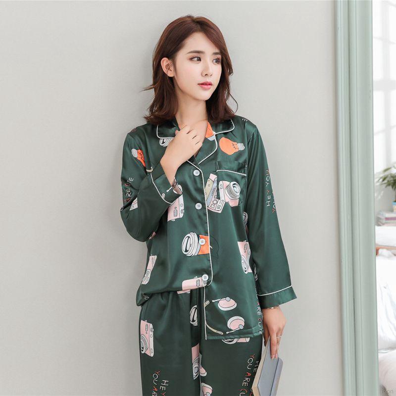Summer Couple Silk Ice Silk Camera Pajamas Print Long Sleeve Casual Korean Loose Home Pajamas Set