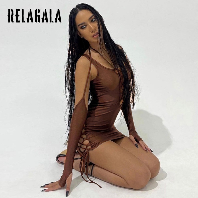 Đầm Relagala cổ chữ U hở lưng phối ren màu trơn thời trang cho nữ
