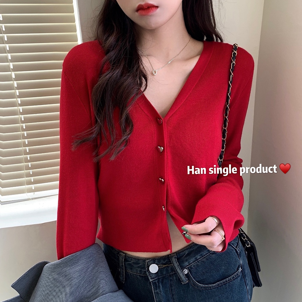 622256#Áo Khoác Cardigan Dệt Kim Cổ Chữ v Màu Đỏ Thời Trang Mùa Thu Mới 2022 Cho Nữ