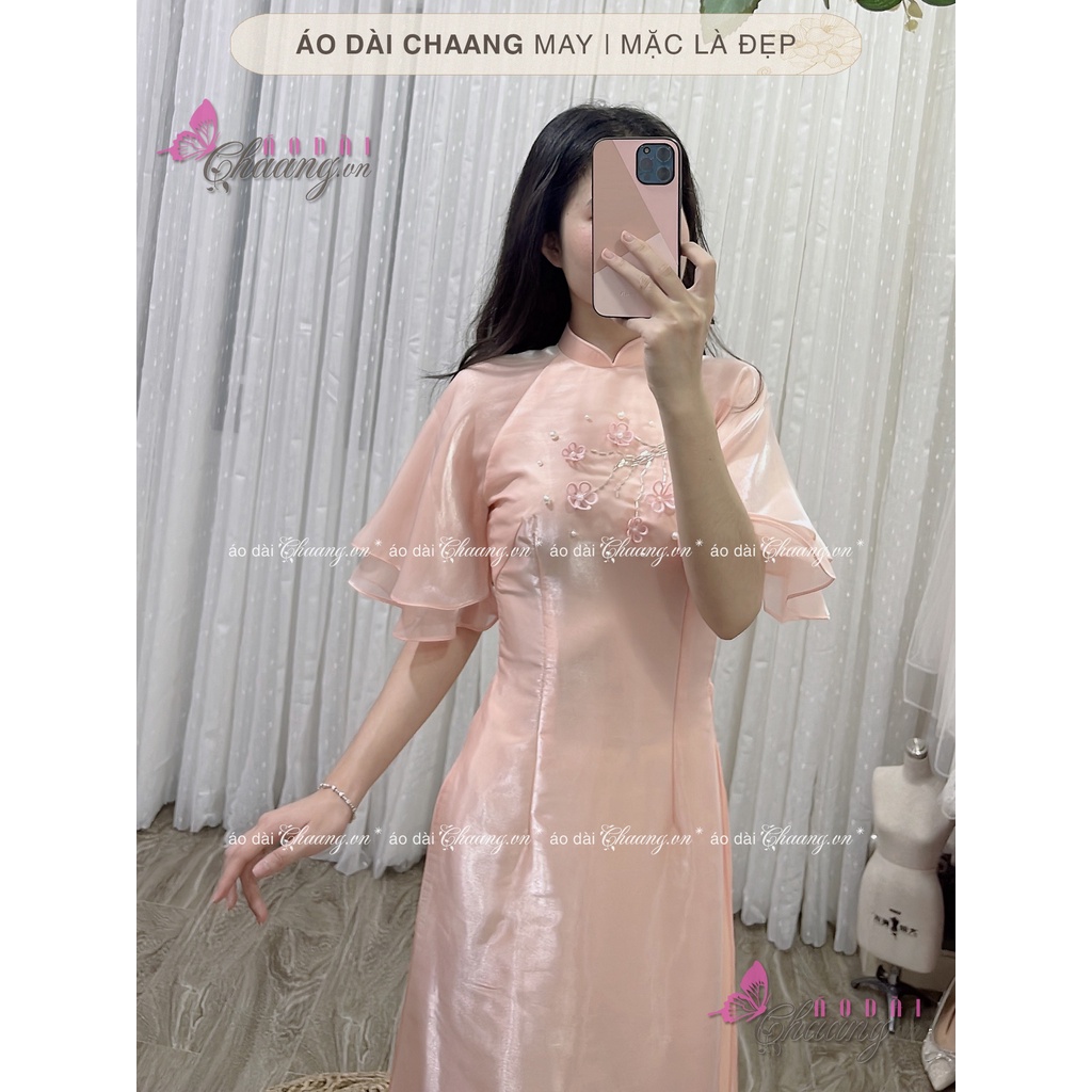 Áo Dài Cách Tân Nữ Mộc Miên Cánh Tiên Thêu Trúc Hoa Đào 4 Tà Form Ôm Đẹp Truyền Thống