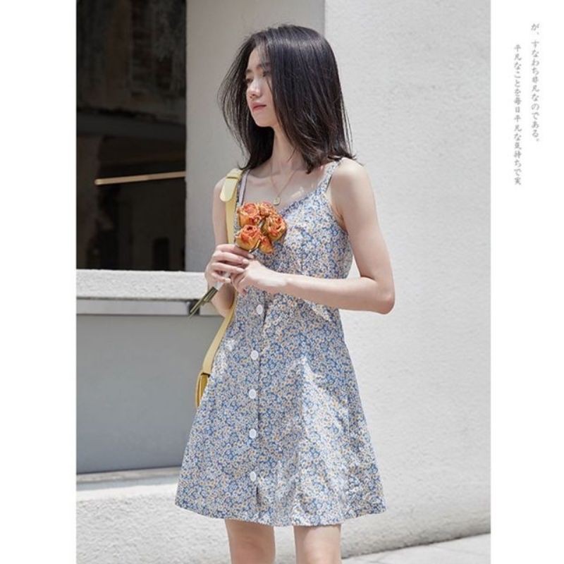 (ORDER) Váy hai dây hoa nhí cài dọc khuy suông dài vintage Hàn Quốc ngọt ngào đáng yêu