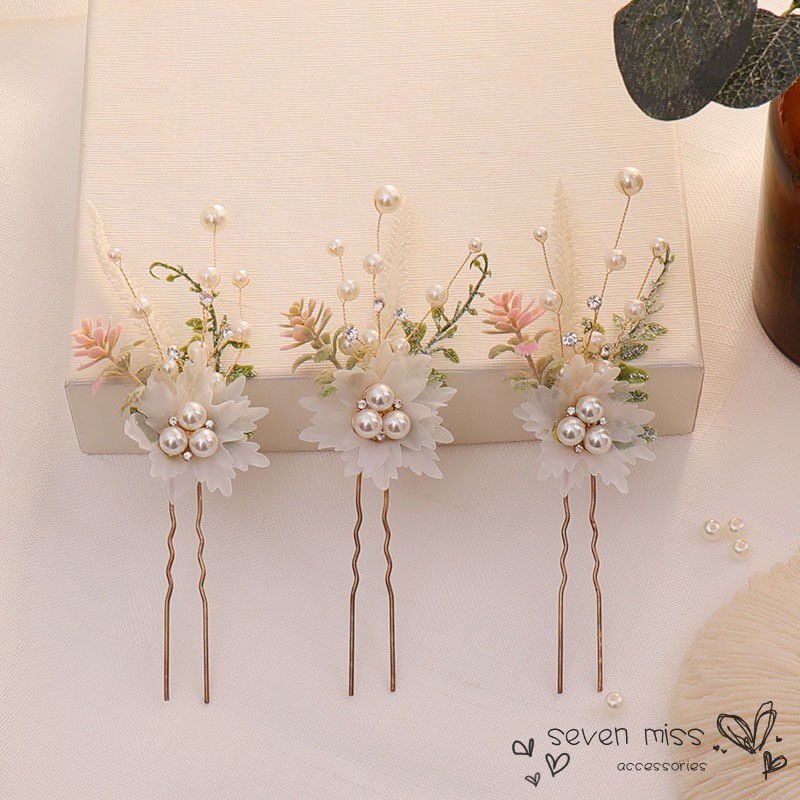 Set 3 trâm cài tóc hình hoa đính ngọc trai giả cho cô dâu