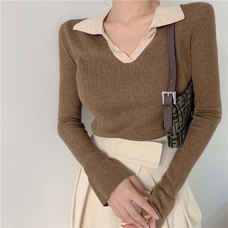 Fashion long-sleeved knitted sweater women's stitching V-neck long-sleeved top | WebRaoVat - webraovat.net.vn