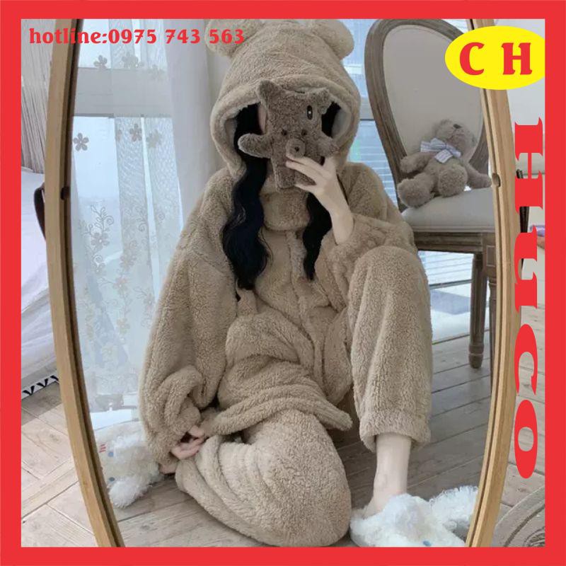 ảnh thật : bộ gấu lông nâu có túi 2 bên - bộ lông trang phục thu đông nữ lót lông nhẹ mịn - bộ lông gấu nâu giá rẻ nhất