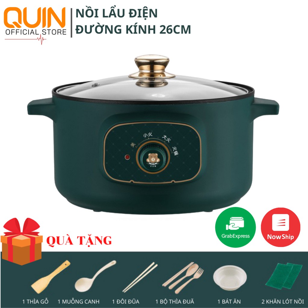 Nồi Lẩu Điện Đa Năng 5 IN 1 CHỐNG DÍNH 1000W Thể tích 4L - Kèm giá hấp INOX, Thìa, Muỗng, Bát, Lót Nồi