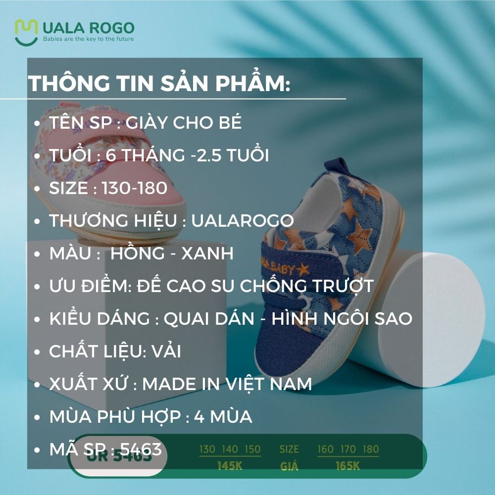 Giày cho bé trai bé gái Uala rogo đế cao su chống trượt quai dán hình ngôi sao giày tập đi 5463