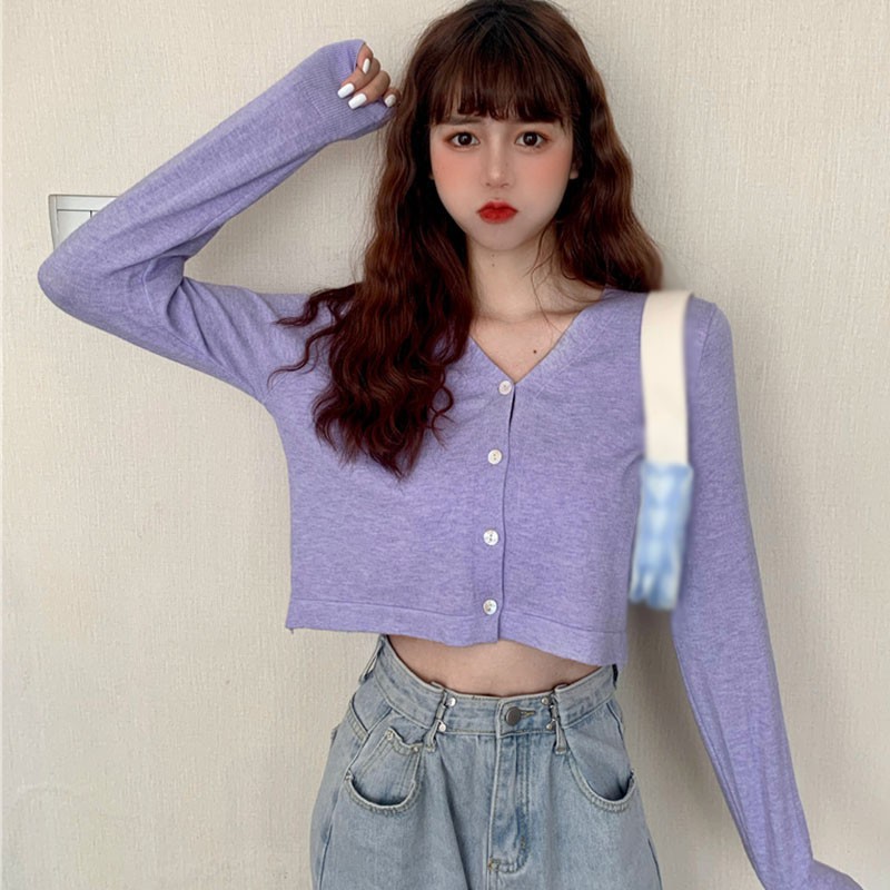 Áo Khoác Cardigan Dệt Kim Cổ Tim Xinh Xắn Cho Nữ