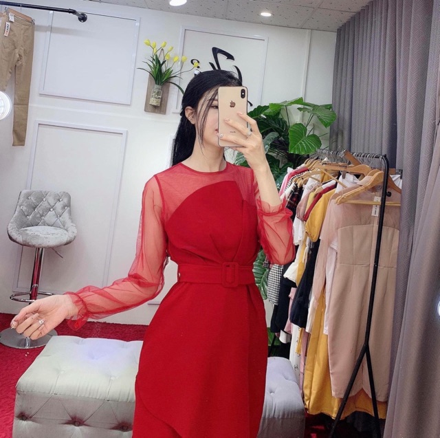 Đầm dự tiệc xếp ngực thắt eo tay lưới kèm ảnh thật