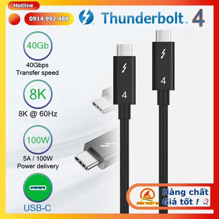 Cáp Thunderbolt 4 Male to Male dài 2M tốc độ 40GB hình ảnh 8K sạc nhanh 5A/100W PD