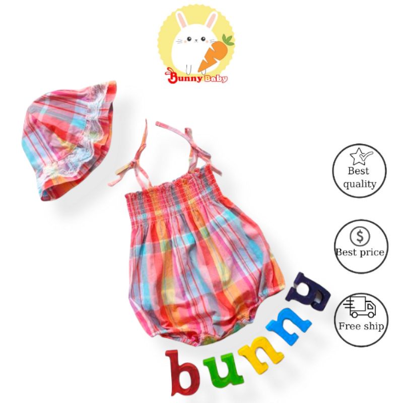 Bunnybaby - Bộ áo liền quần bé gái hè Bunny bao gồm nón cho bé 5-13kg