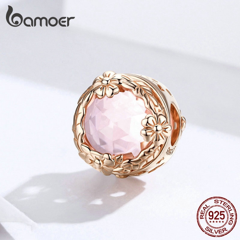 BAMOER Vòng Tay Hạt Charm Hình Hoa Bướm Và Bướm Bằng Kim Loại Mạ Vàng Hồng SCC1258