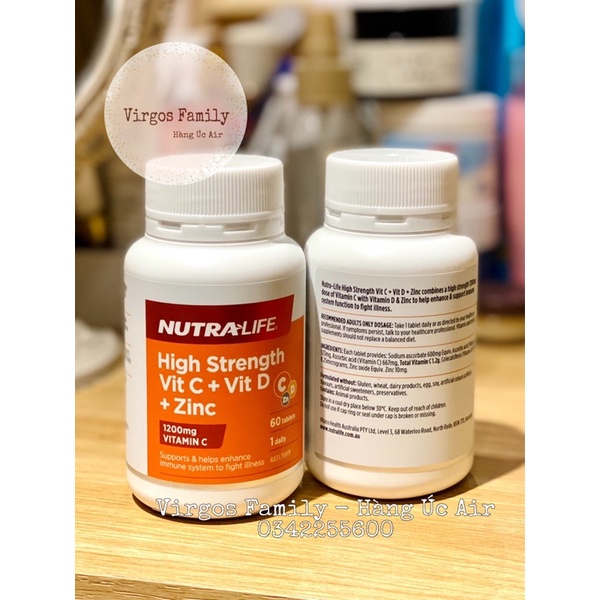 Viên uống tăng đề kháng Nutralife High Strength Vit C + Vit D + Zinc 60 viên