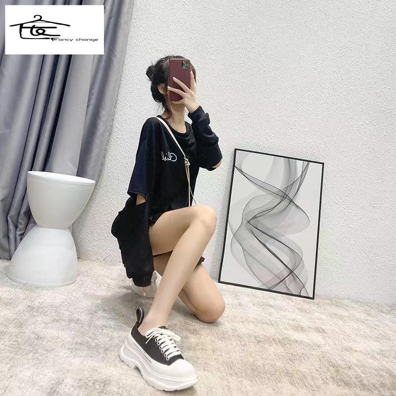 Giày vải bạt đế dày tăng chiều cao màu trắng phong cách hè thu McQueen-2022