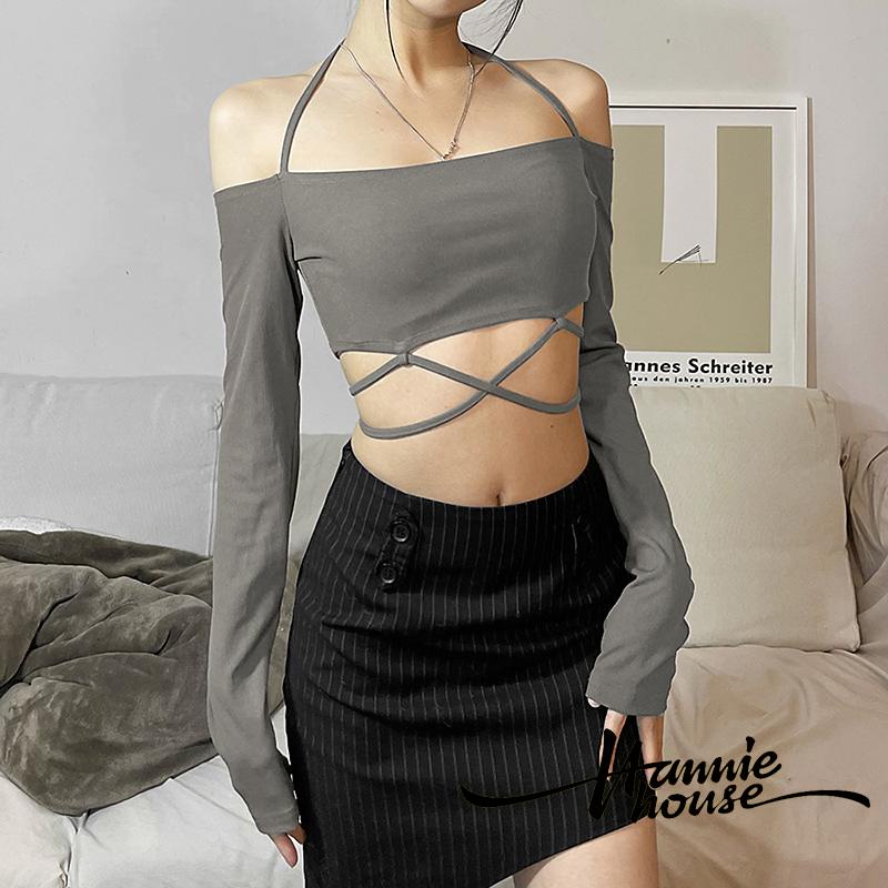Hannie-Female Solid Color Halter Neck Off Shoulder Long Sleeve Bandage T-Shirt