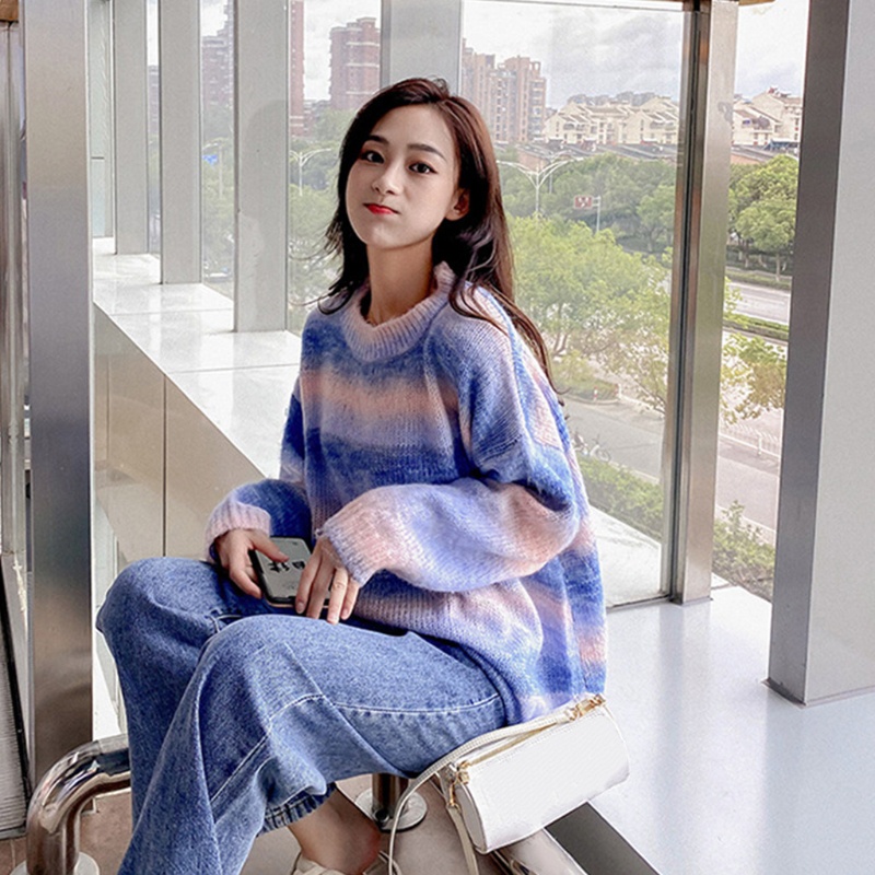 Áo Len Nữ Tay Dài Dáng Rộng Họa Tiết Sọc Ngang Thời Trang