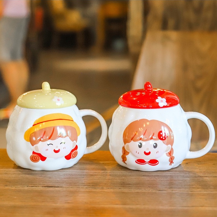 [Hàng mới về] Ly sứ dáng tròn hình Cô bé hoạt hình đáng yêu kèm Nắp đậy - Cốc uống nước hình Bí ngô