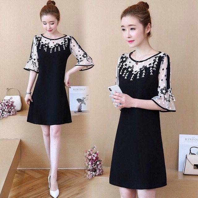 Đầm thun đen phối ren big size cao cấp hàng có sẵn size 65-100kg hàng y hình che khuyết điểm size lớn 60-85kg | BigBuy360 - bigbuy360.vn