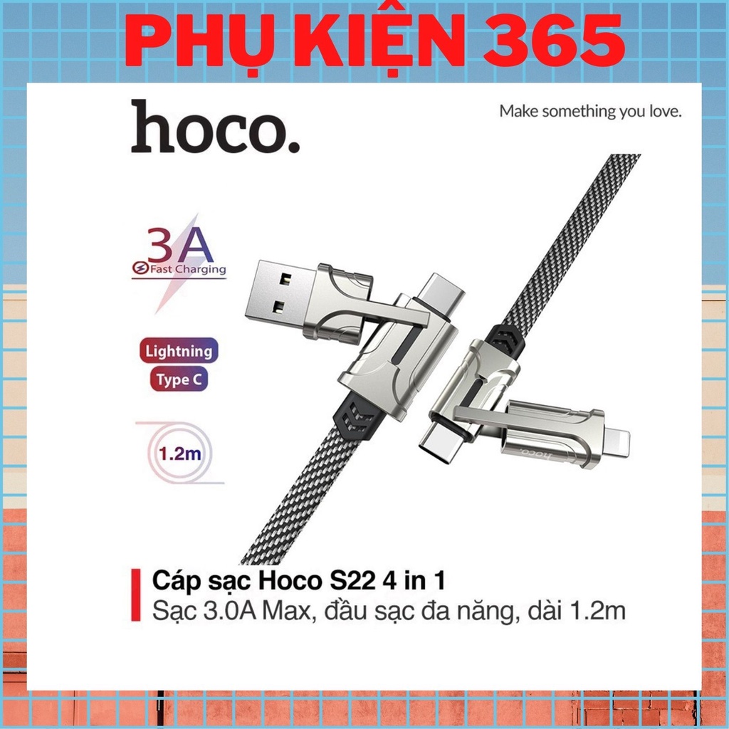 ☈✟♝Cáp sạc nhanh S22 4 in1, 3.0A Max, 60W, đầu đa năng, dây bện dù chống đứt, dài 1.2m- Chính hãng